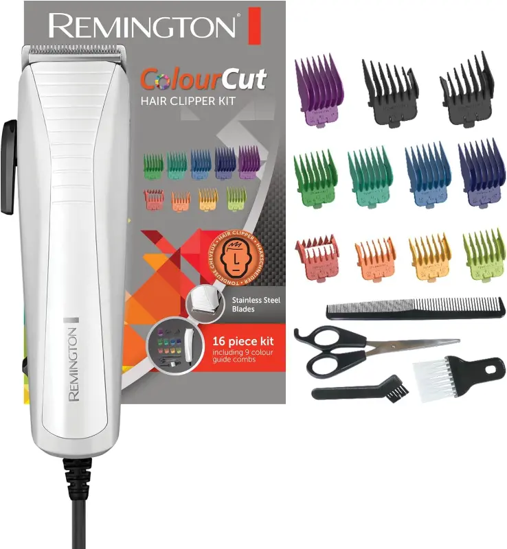 Remington Tondeuse Cheveux HC5035 Utilisation Facile, Lames acier inoxydable Auto-Affûtées, Secteur, 11 Sabots colorés 1,5-25mm, Peigne, Ciseaux)